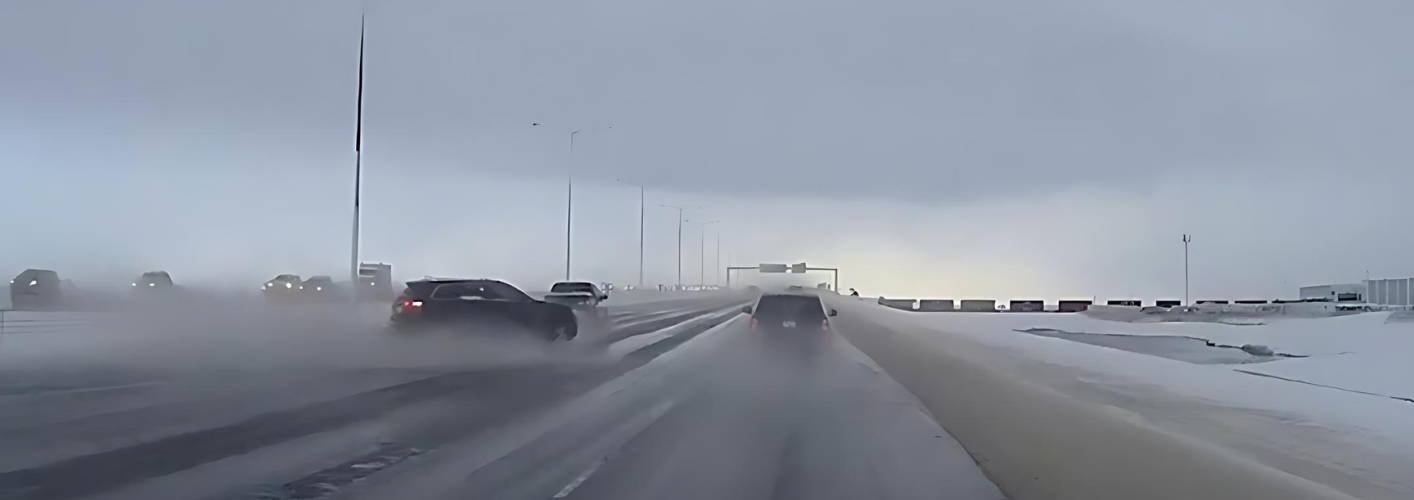 Snowy Spring Dash Cam Footage Shows Sudden Hydroplaning