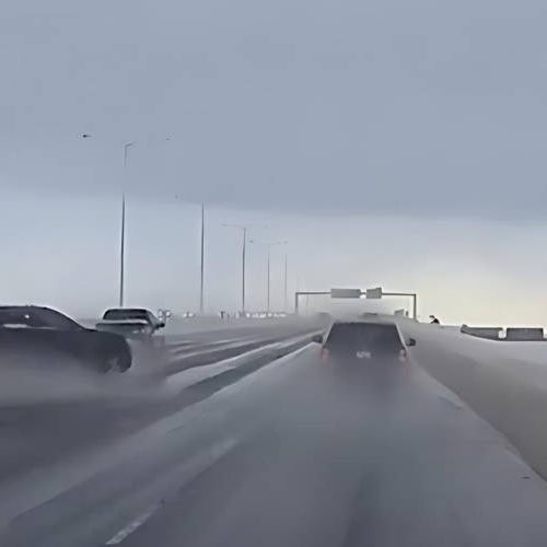 Snowy Spring Dash Cam Footage Shows Sudden Hydroplaning