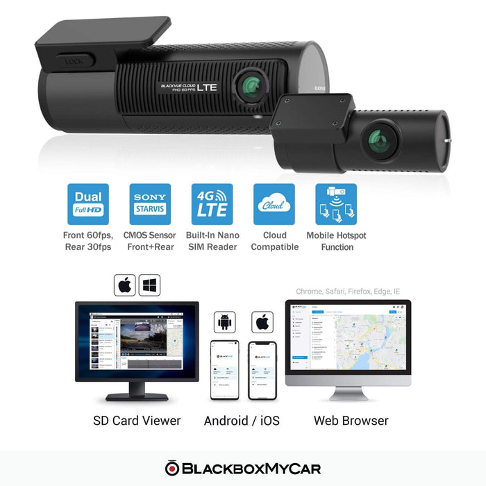 BlackVue DR750X-2CH LTE Plus Cloud Dash Cam - Dash Cams - BlackVue DR750X-2CH LTE Plus Cloud Dash Cam - 1080p Full HD @ 60 FPS, 12V Plug-and-Play, 2-Channel, 256GB, Adhesive Mount, App Compatible, Cloud, Desktop Viewer, G-Sensor, GPS, Hardwire Install, Loop Recording, LTE, Mobile App, Mobile App Viewer, Mount, Night Vision, Parking Mode, Rear Camera, sale, Security, South Korea, Super Capacitor - BlackboxMyCar Canada